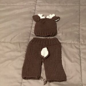 Adorable Brown Knit Reindeer Hat and Pants Set